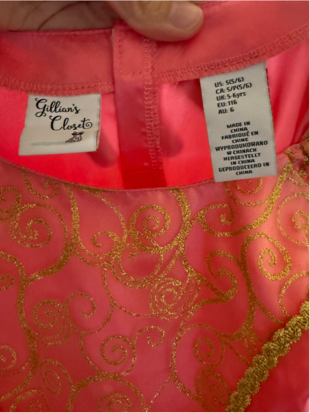 Girls Gillian's Closet Pink and Gold Princess Costume Dress One Size - Picture 5 of 5
